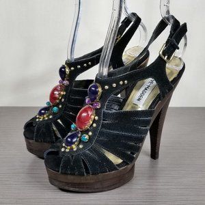 Steve Madden Tifanny Jewelled Platform Heels, Black Suede, Womens Size 5.5 M